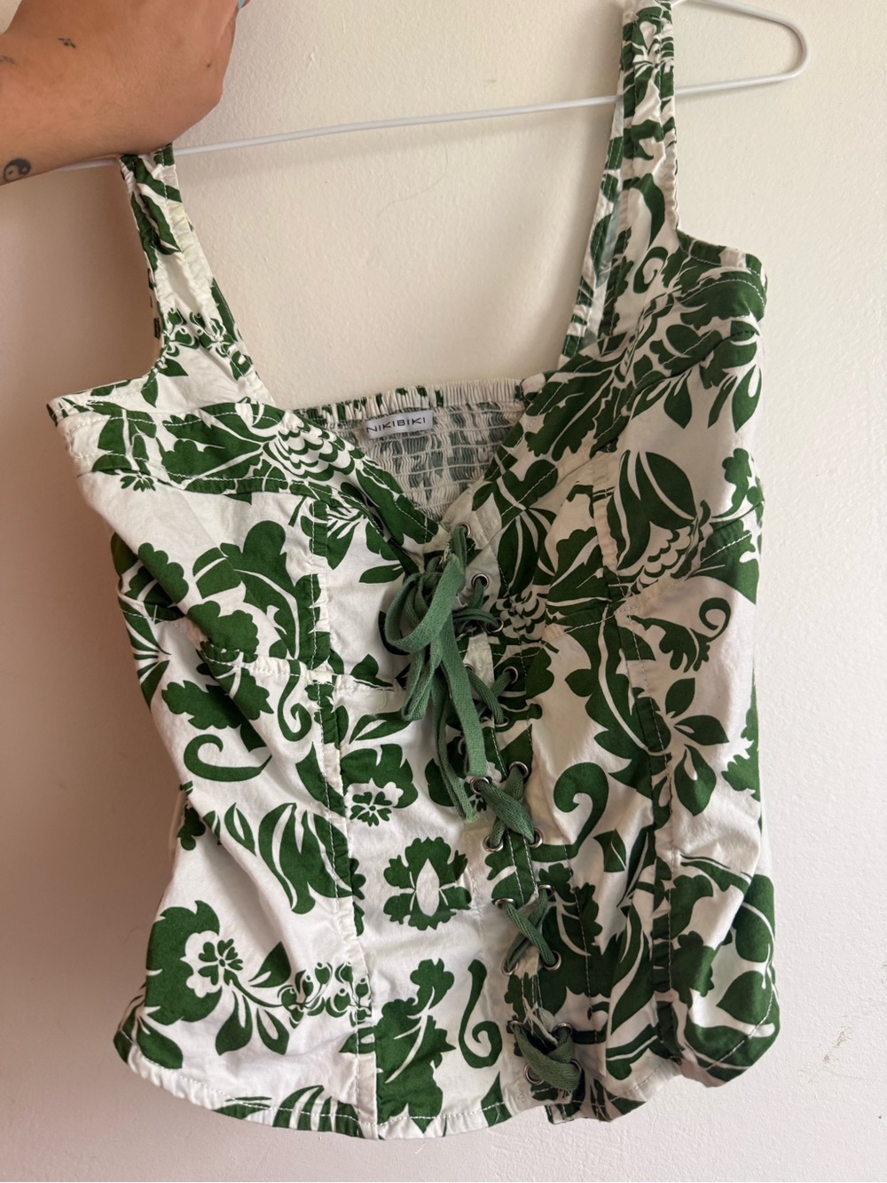 Nikibiki Green and White Floral Lace-Up Camisole
